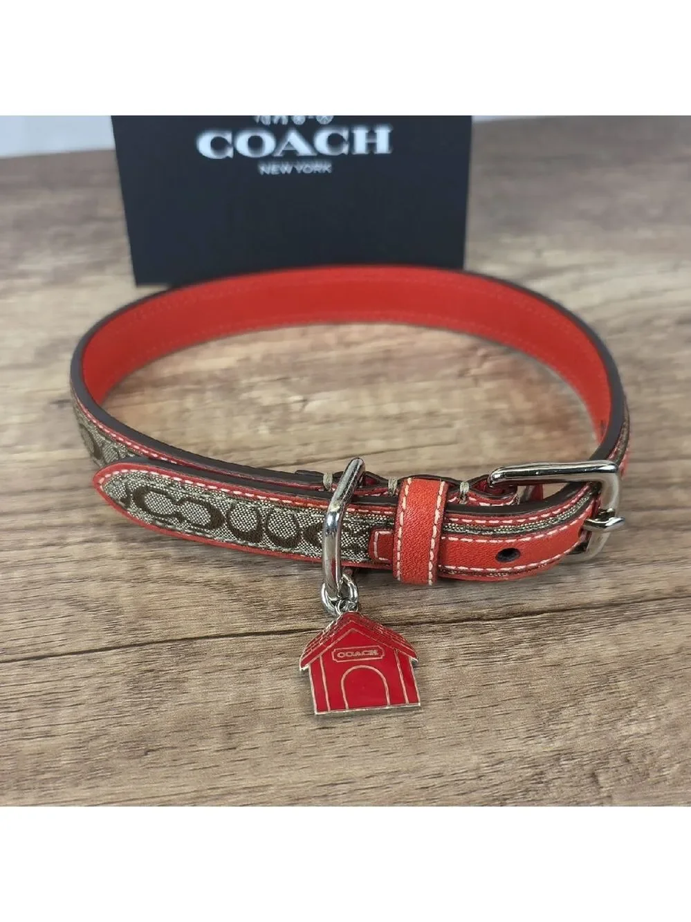 Coach Size M 60339 Red and Brown Signature Dog Collar Charm‎